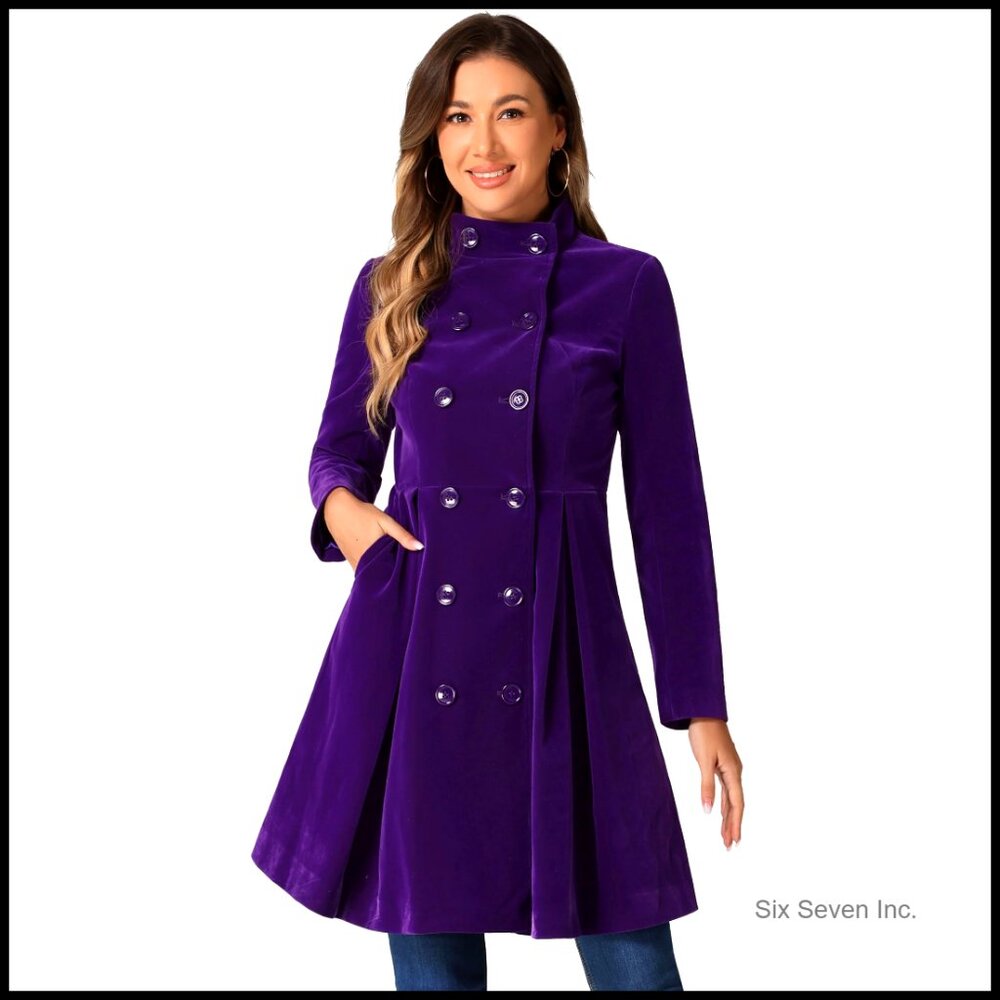 Velvet Trench Coat with Puff Sleeves, A-Line Double Breasted Winter Coat